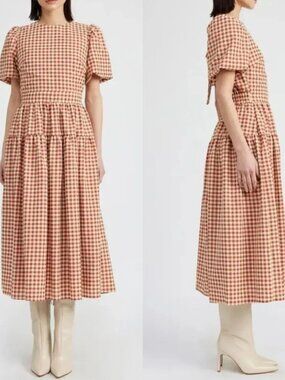 El Saison Juni Gingham Peasant Prairie Cottagecore MilkMaid Boho Long Dress XS